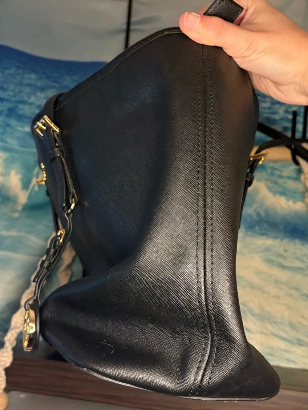 Michael Kors Black Leather Tote with Logo Charm and Gold Accents